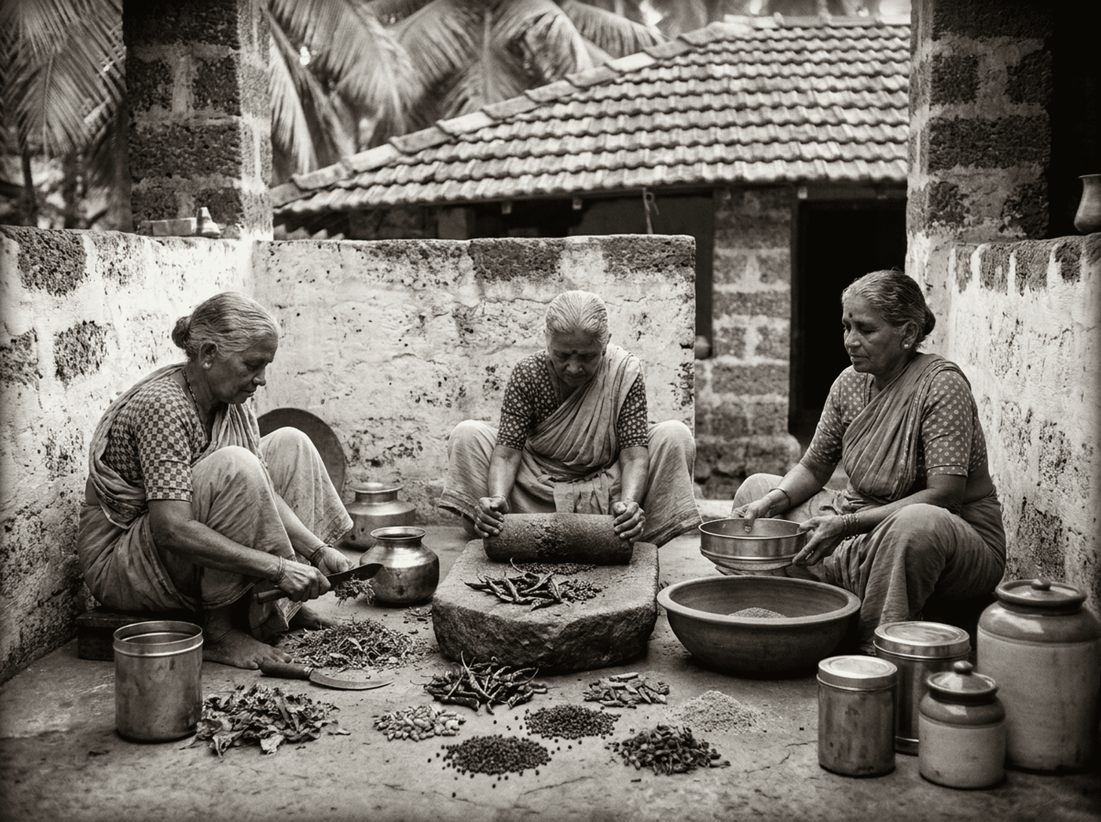 Black and white image of women grinding spices in a Goan courtyard