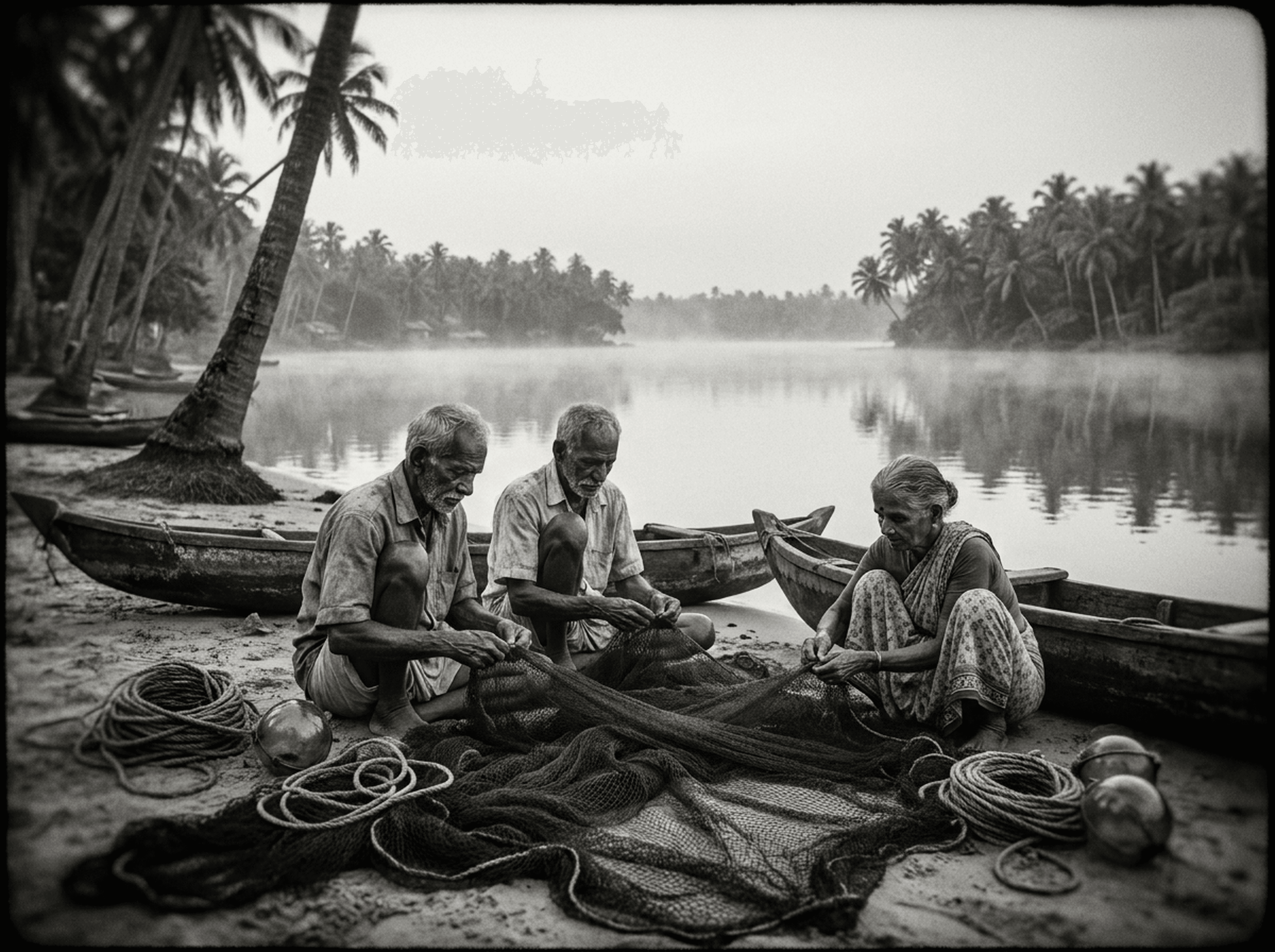 Black and white image of people mending fishing nets beside Goan waterways
