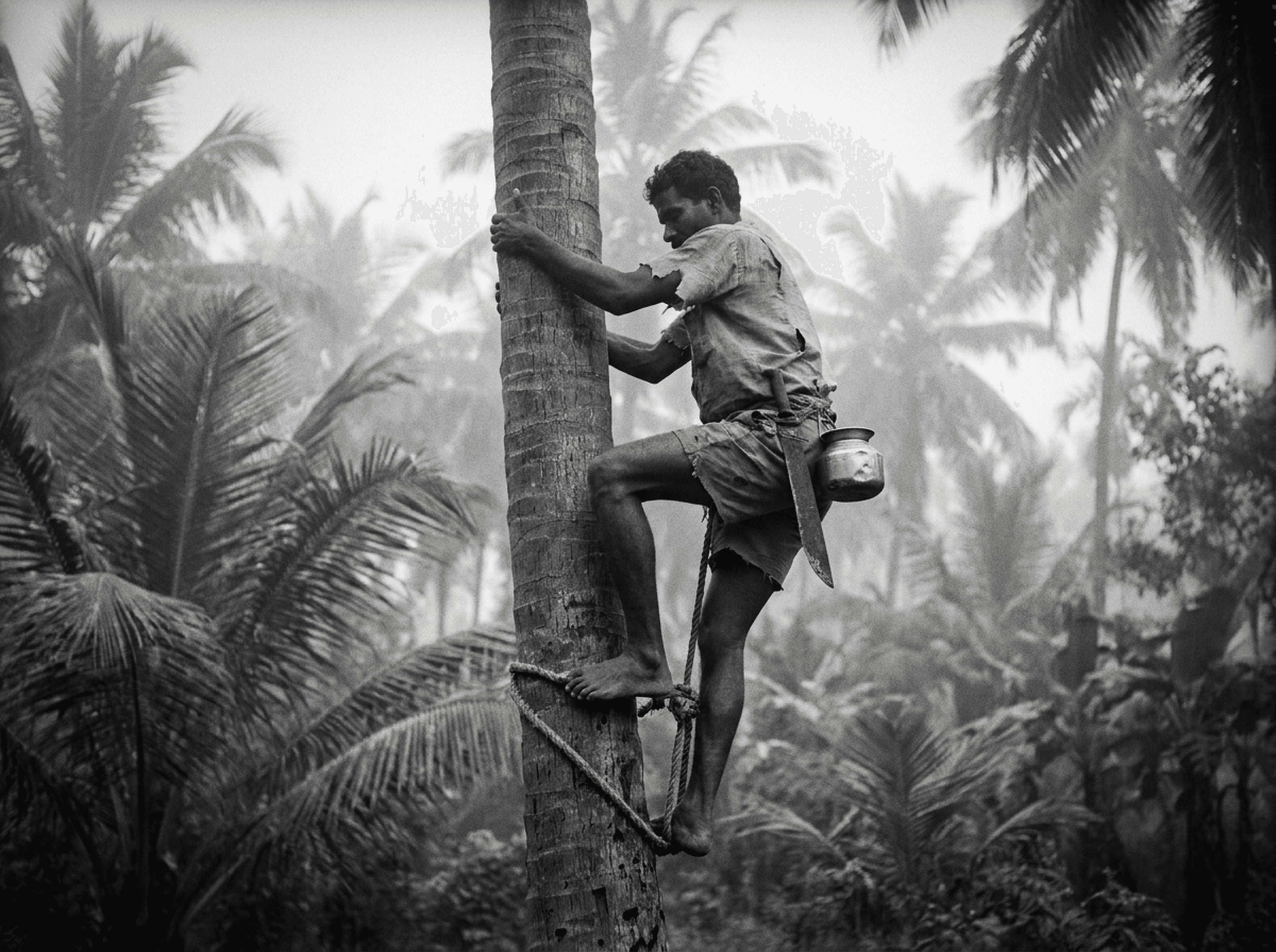 Black and white image of a coconut climber in a Goan palm grove